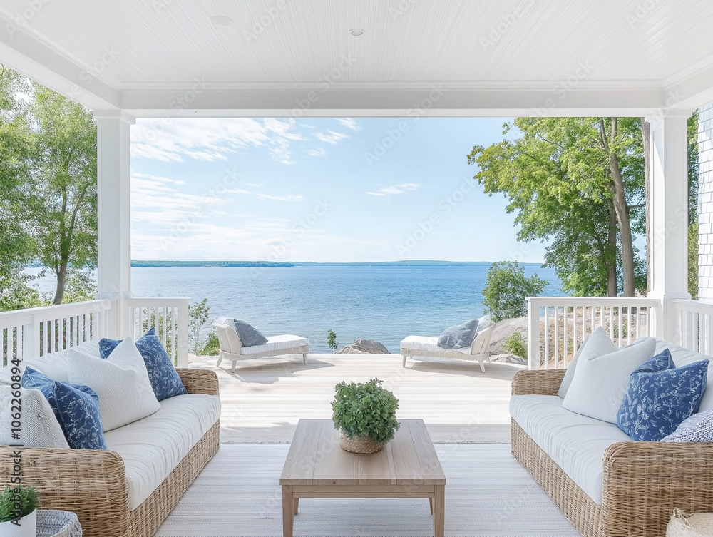 Obraz premium Coastal Living: Serene coastal home design, featuring a spacious porch with white wicker furniture, soft blue pillows, and a stunning ocean view.