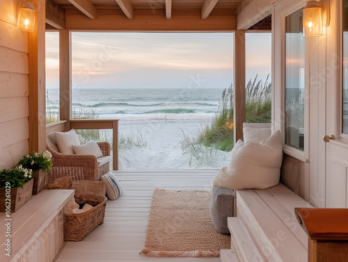 Coastal Serenity  Beach House Porch at Sunset 