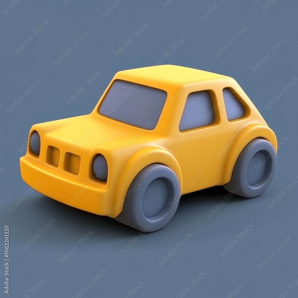 Playful and Bright Yellow Toy Car on a Solid Blue Background Playful and Bright Yellow Toy Car on a Solid Blue Background