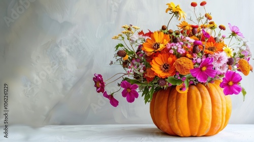 Wallpaper Mural Handmade pumpkin vase filled with vibrant autumn flowers on white background Torontodigital.ca