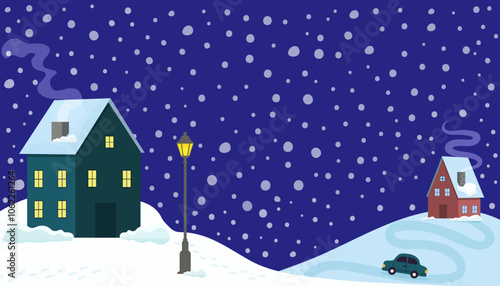 Snowy evening in a quiet neighborhood with houses and a lamppost under a night sky