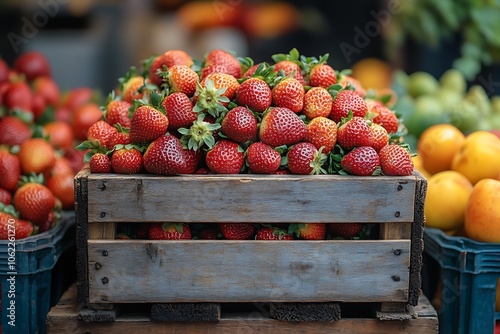 Fresh strawberries in a wooden crate at a farmers market photo