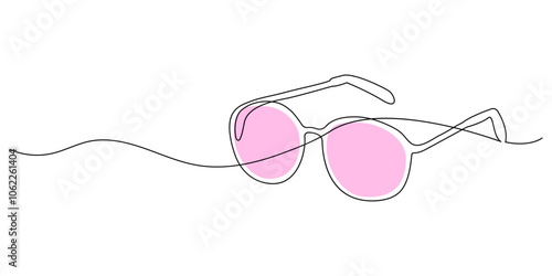 Pink glasses in one line on white background. Concept of broken hope, naivety, real life, epiphany. Vector illustration