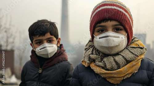 Two children wearing face masks walk through a city with polluted air