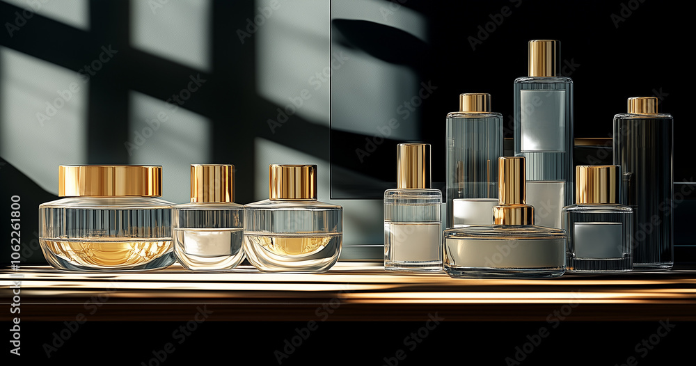 Large set of perfume bottles in gold design in glass illuminated by sun rays. Realistic style illustration Large set of perfume bottles in gold design in glass illuminated by sun rays. Realistic style illustration