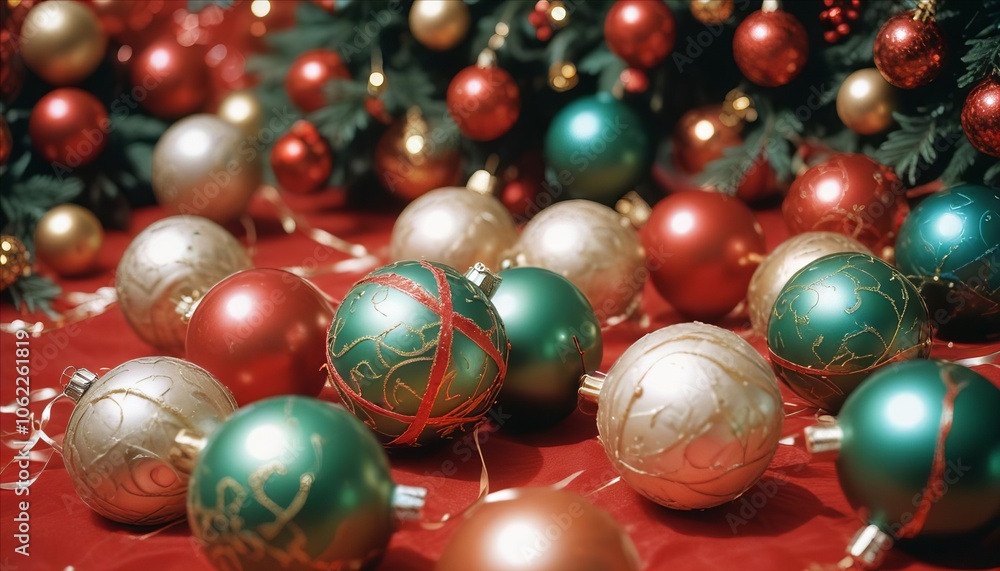 Festive Christmas Balls on a Table with Red and Gold Ornaments Festive Christmas Balls on a Table with Red and Gold Ornaments