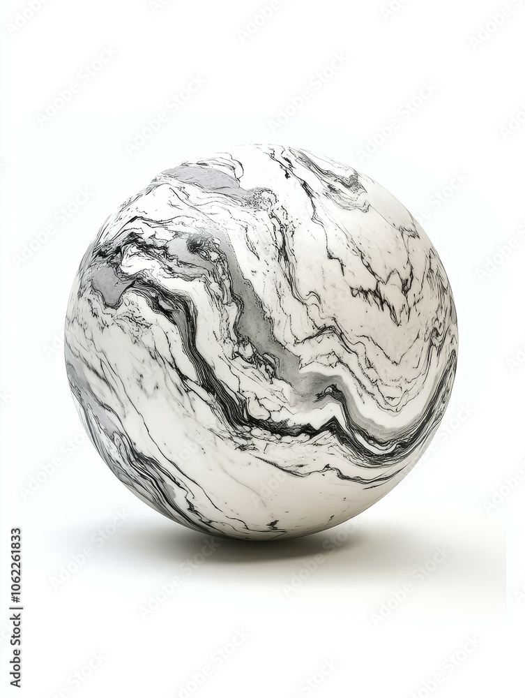 A white marble sphere with elegant swirling black veins, representing harmony, sophistication, and the beauty of natural patterns. A white marble sphere with elegant swirling black veins, representing harmony, sophistication, and the beauty of natural patterns.