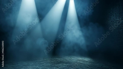 Two spotlights illuminate a dark, smoky room with brick walls