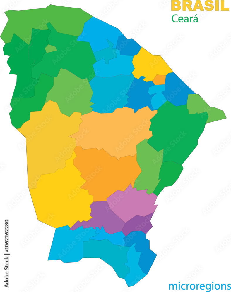 Fototapeta premium Map of the territory of the state of Ceara with divisions by highlighted microregions, vector with simple lines of political divisions