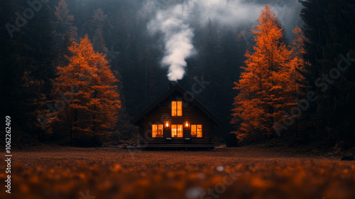 A cozy cabin nestled in the woods with smoke rising from the chimney.
