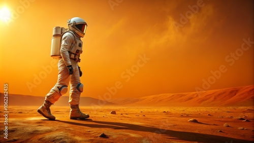 Exploration of the martian landscape: astronaut walking across a barren red planet surface photo