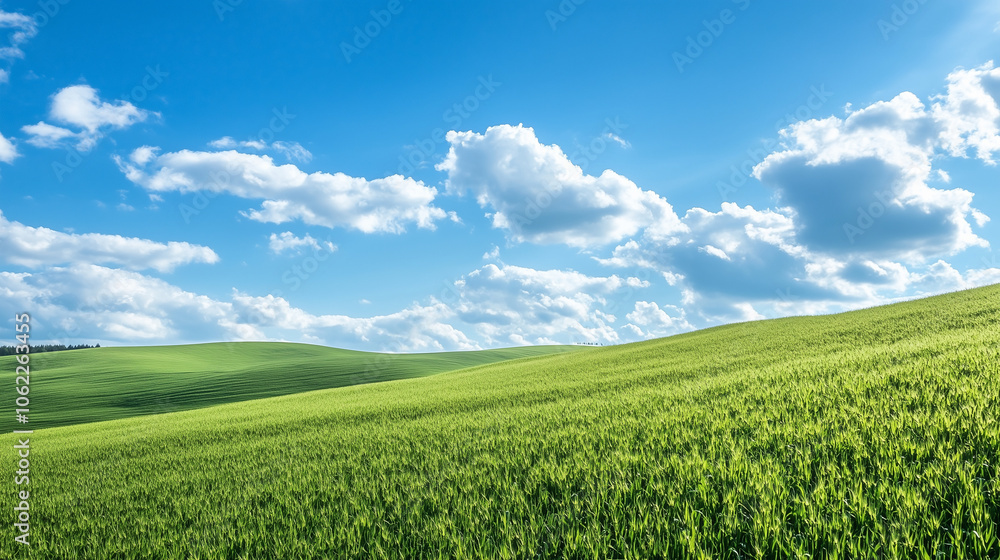 Naklejka premium Irish countryside rolling green hills. Rolling Green Hills under Blue Sky with White Clouds