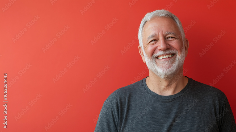 Elderly man with a bright smile poses against a vibrant red wall in a cheerful indoor setting Elderly man with a bright smile poses against a vibrant red wall in a cheerful indoor setting