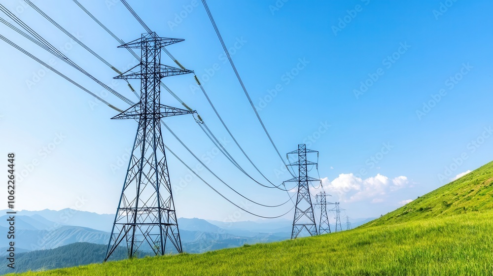 Power lines stretch across a green hillside under a clear blue sky, showcasing a serene landscape combined with utility infrastructure. Power lines stretch across a green hillside under a clear blue sky, showcasing a serene landscape combined with utility infrastructure.