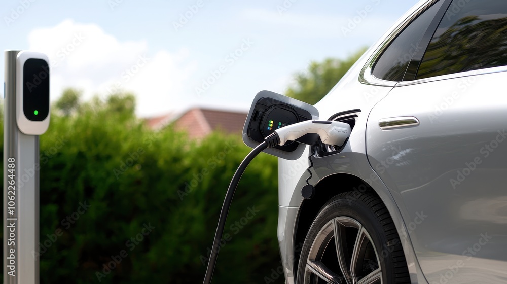 A modern electric vehicle is being charged at a charging station surrounded by greenery, showcasing the shift towards sustainable transportation. A modern electric vehicle is being charged at a charging station surrounded by greenery, showcasing the shift towards sustainable transportation.