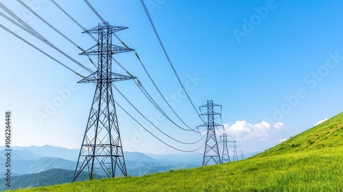 Power lines stretch across a green hillside under a clear blue sky, showcasing a serene landscape combined with utility infrastructure.