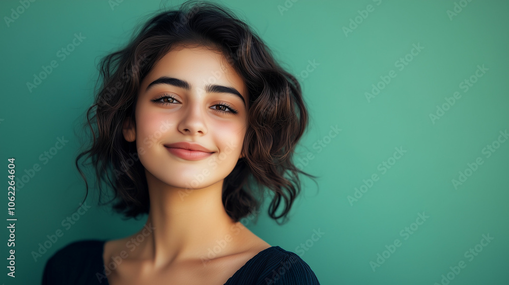 A young Middle Eastern woman smiles gently against a vibrant green background during daylight A young Middle Eastern woman smiles gently against a vibrant green background during daylight