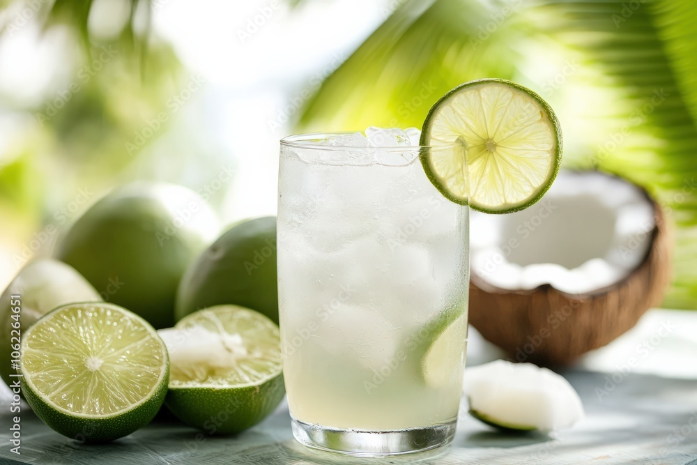 A refreshing coconut water drink with a splash of lime and naturally sweetened with organic agave syrup, providing a hydrating and energizing beverage perfect for post-workout A refreshing coconut water drink with a splash of lime and naturally sweetened with organic agave syrup, providing a hydrating and energizing beverage perfect for post-workout