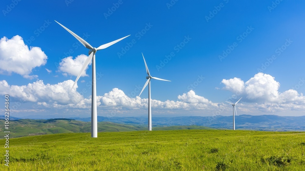 Wind turbines stand tall against a clear blue sky, surrounded by lush green hills and scattered fluffy clouds, showcasing renewable energy in a tranquil landscape. Wind turbines stand tall against a clear blue sky, surrounded by lush green hills and scattered fluffy clouds, showcasing renewable energy in a tranquil landscape.