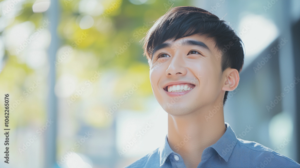 A joyful young Asian man enjoying sunlight outdoors in an urban setting during daytime A joyful young Asian man enjoying sunlight outdoors in an urban setting during daytime