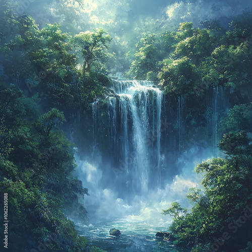 sunlight filters through the canopy over a lush waterfall in a vibrant tropical setting