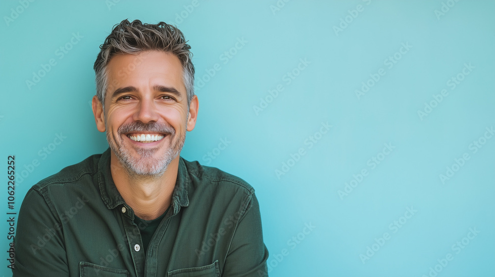 Fototapeta premium Warmly smiling middle-aged American man against a vibrant blue background indoors