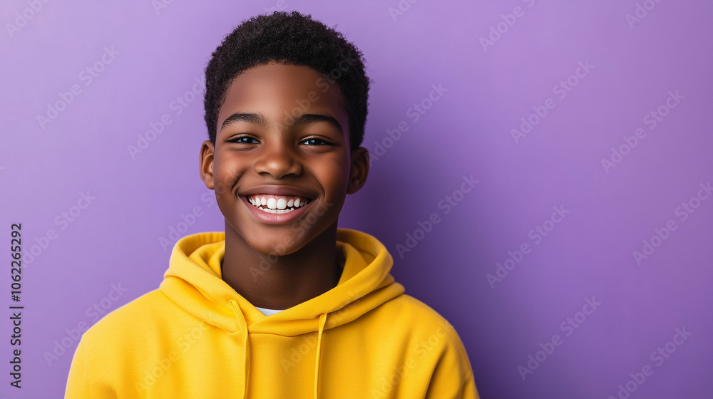 A joyful teenage boy with a bright smile wearing a yellow hoodie against a purple background A joyful teenage boy with a bright smile wearing a yellow hoodie against a purple background