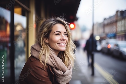 Portrait of a beautiful young woman in winter coat on the street