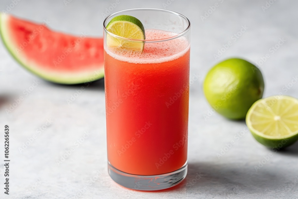 A refreshing cold-pressed watermelon juice with a hint of lime, offering a hydrating and cooling beverage that's perfect for summer days or post-exercise refreshment A refreshing cold-pressed watermelon juice with a hint of lime, offering a hydrating and cooling beverage that's perfect for summer days or post-exercise refreshment