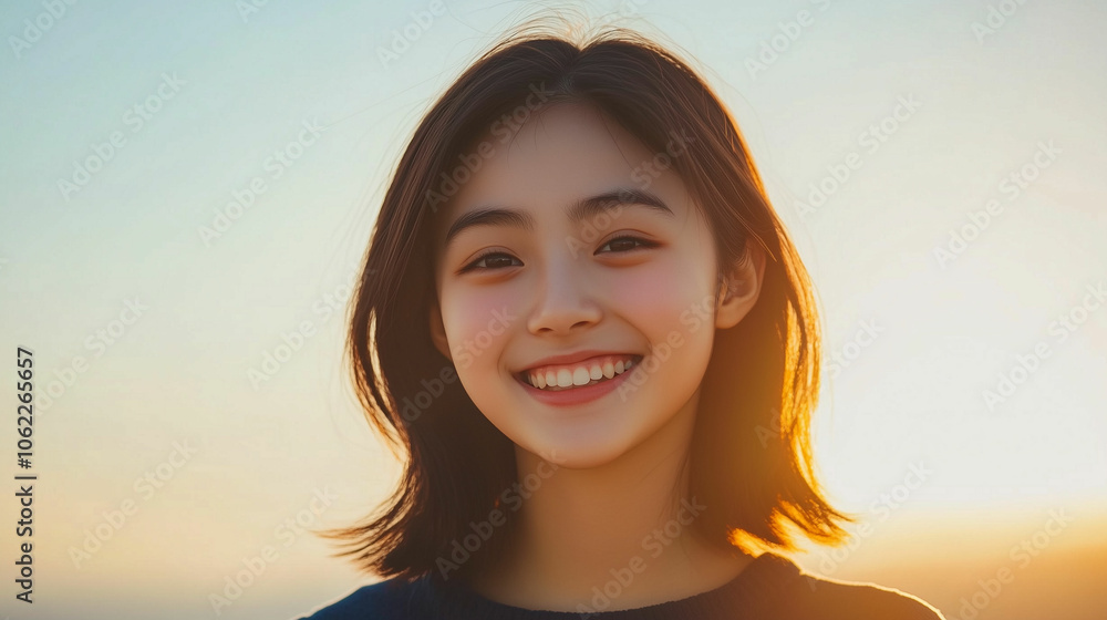 A smiling teenage girl enjoying a sunny day during sunset at the beach