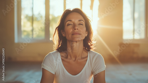 Middle-aged American woman practicing meditation in a sunlit room during early morning hours Free Download Middle-aged American woman practicing meditation in a sunlit room during early morning hours - GFXLoad