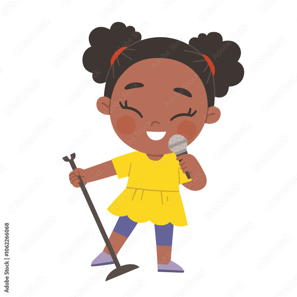 African american kid with microphone singing a song. Concept of Musical education, Inspiration art school student. Arts for kid. African american kid with microphone singing a song. Concept of Musical education, Inspiration art school student. Arts for kid.