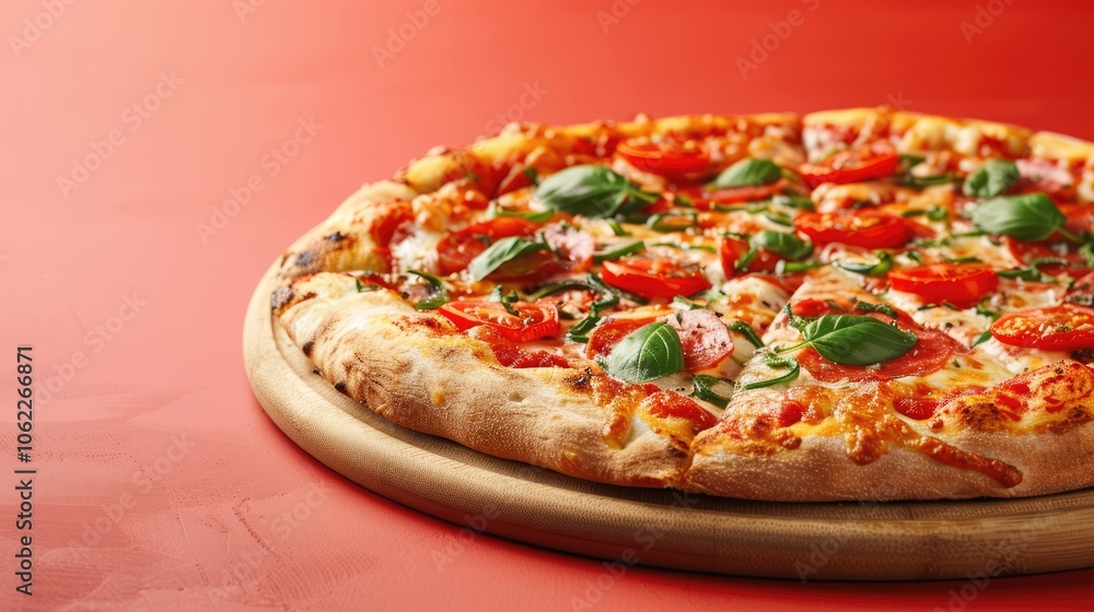 Freshly Baked Italian Pizza for Menu or Ads on Colorful Background Freshly Baked Italian Pizza for Menu or Ads on Colorful Background