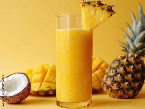 A tropical cold-pressed juice made with pineapple, mango, and coconut, delivering a refreshing, hydrating beverage packed with vitamins and antioxidants, ideal for post-workout recovery