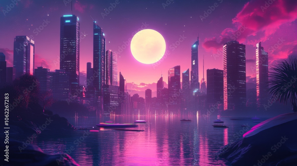 Fototapeta premium A futuristic cityscape bathed in neon light, with a large full moon illuminating the scene, celebrating the New Year with fireworks and a vibrant atmosphere.