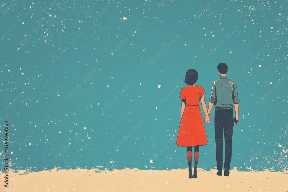 Minimalistic illustration of a young couple holding hands under a starry sky Minimalistic illustration of a young couple holding hands under a starry sky