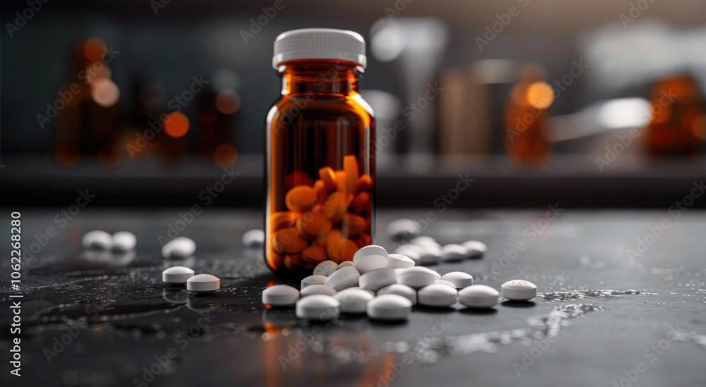 High-definition image of a medicine bottle tipped over with white and orange pills scattered on a dark reflective surface. High-definition image of a medicine bottle tipped over with white and orange pills scattered on a dark reflective surface.