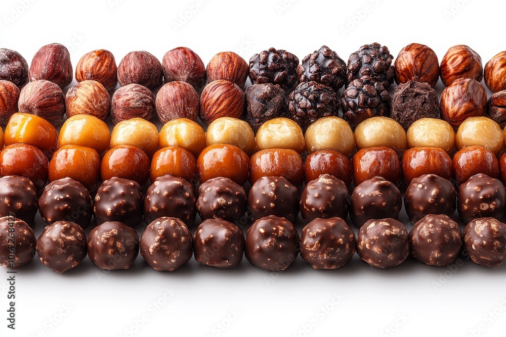 Obraz premium A delightful assortment of hazelnut chocolate and liquid caramel treats, arranged in a captivating pattern, perfect for indulging in a sweet and satisfying snack.