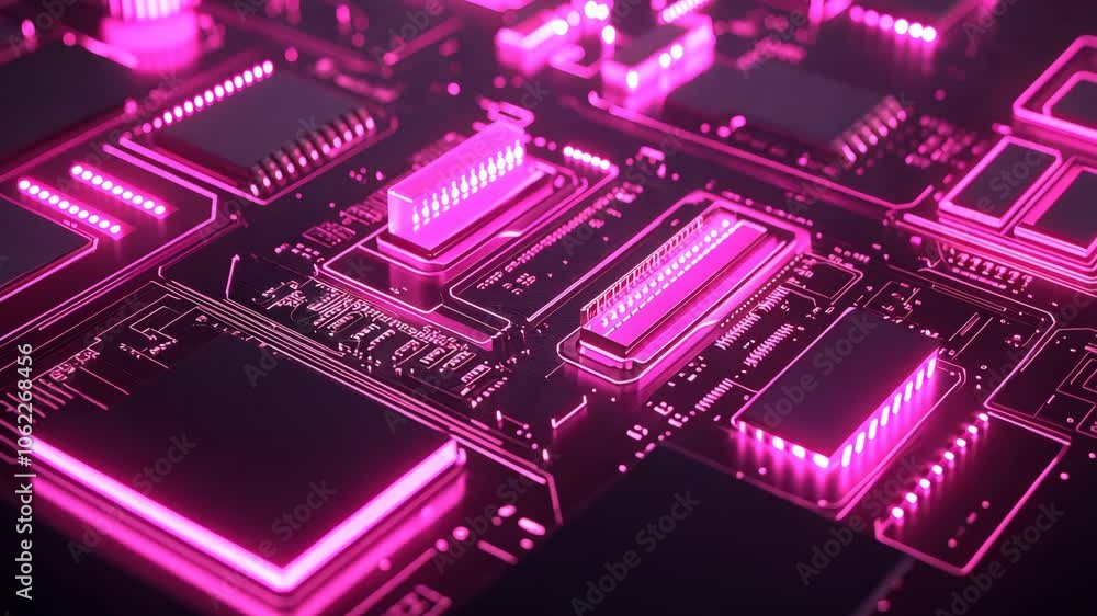 A close-up view of a circuit board illuminated in pink, showcasing electronic components. Full HD or 4K Footage Video Animation A close-up view of a circuit board illuminated in pink, showcasing electronic components. Full HD or 4K Footage Video Animation