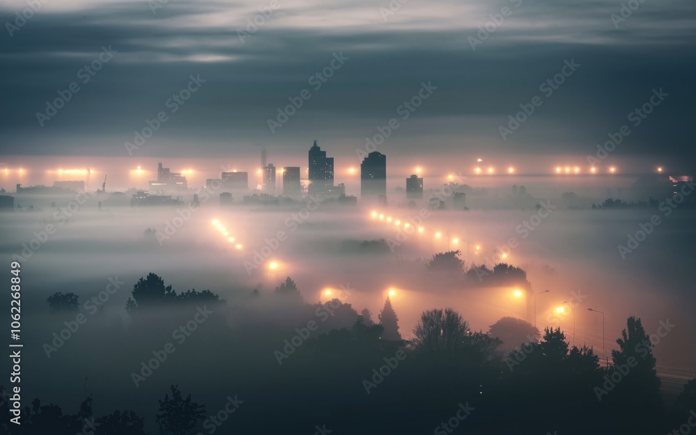 Fototapeta premium street lamp in the fog City skyline obscured by fog and illuminated by streetlights at night.