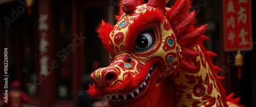 A red dragon with gold accents on its face and tail. The dragon is smiling and he is happy