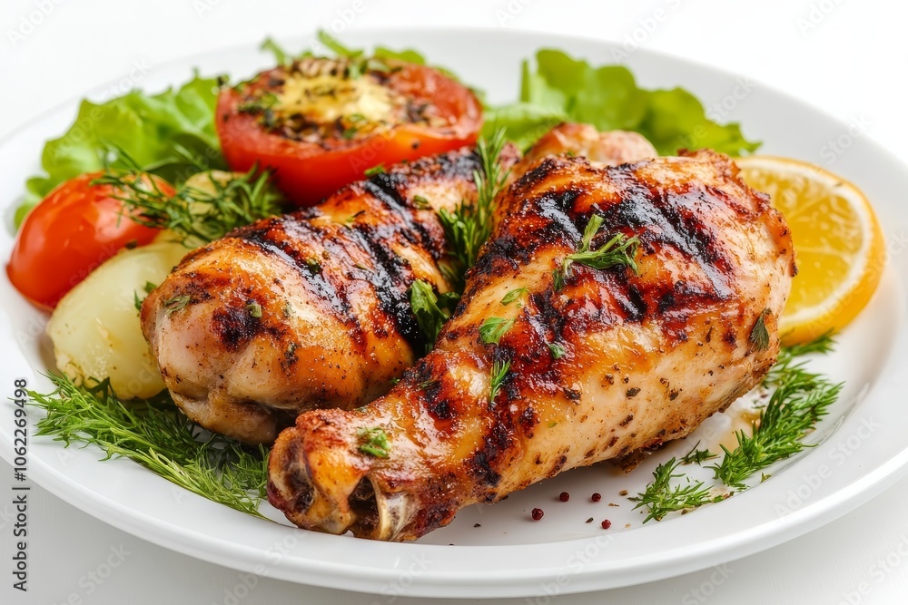 Two juicy grilled chicken legs with crispy skin, served on a white plate with lemon wedges, tomatoes, and fresh dill. Two juicy grilled chicken legs with crispy skin, served on a white plate with lemon wedges, tomatoes, and fresh dill.