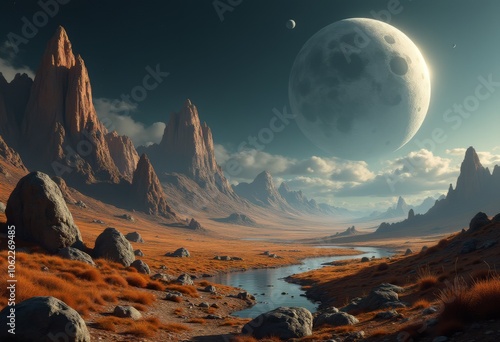 An expansive alien landscape featuring towering mountains, a shimmering river, and a massive moon illuminating the twilight sky