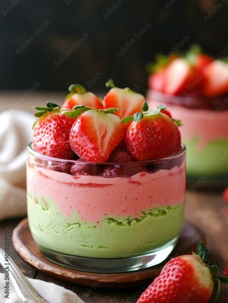 Layered Strawberry Ice Cream Dessert with green tea ice cream, strawberry sorbet, and fresh strawberries. Layered Strawberry Ice Cream Dessert with green tea ice cream, strawberry sorbet, and fresh strawberries.