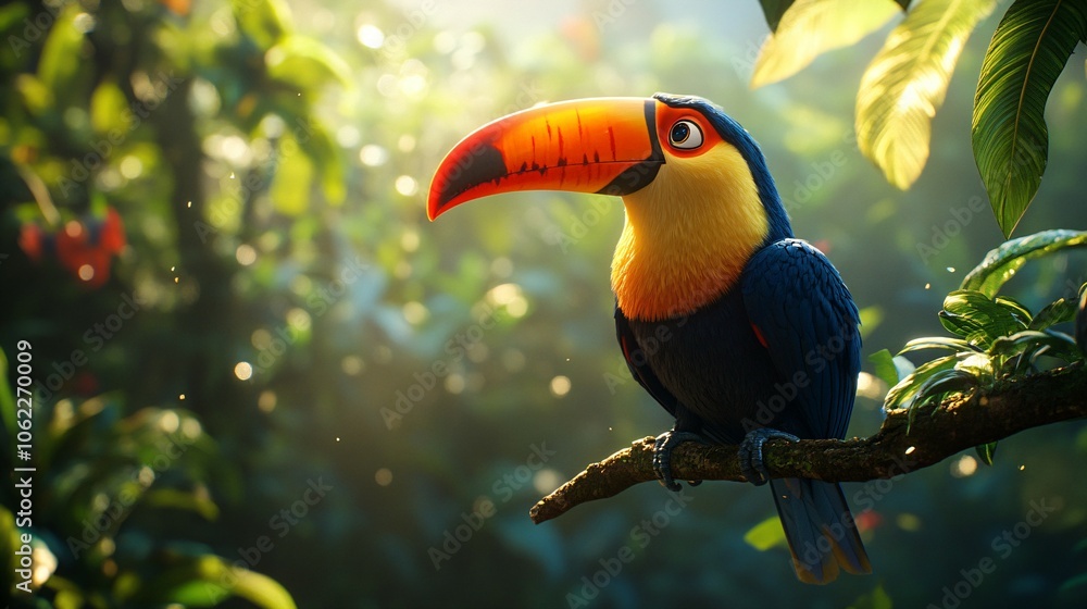 Obraz premium Colorful Toucan Perched on a Branch in the Rainforest - Perfect for Nature, Tropical, and Bird Themed Designs