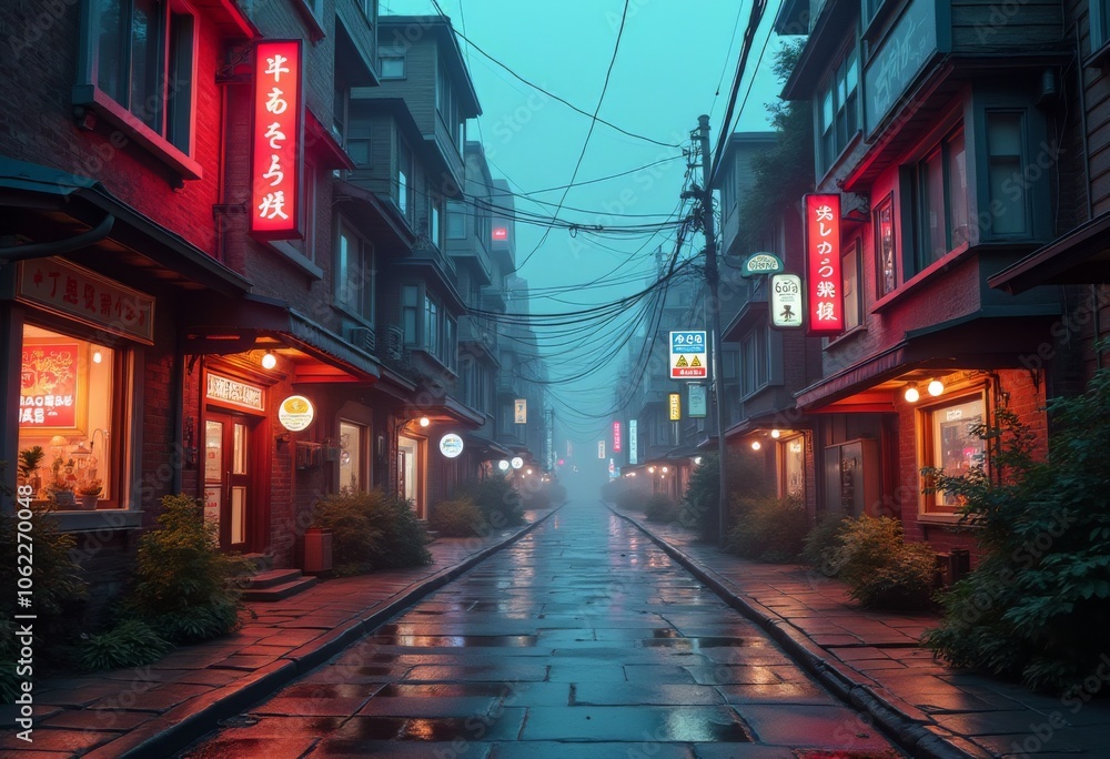 Misty evening stroll through a tranquil street lined with vibrant neon signs in an Asian town under soft rain Misty evening stroll through a tranquil street lined with vibrant neon signs in an Asian town under soft rain
