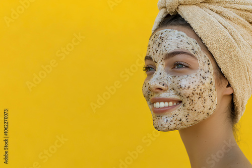 Photo of a happy woman with a towel on her head and a facial peeling mask