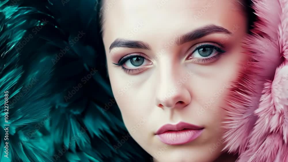 Portrait of woman with vibrant green and pink feathers Portrait of woman with vibrant green and pink feathers