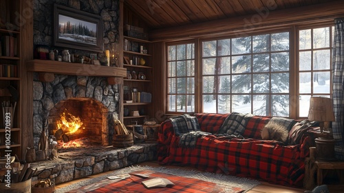 Cozy Cabin Interior with Crackling Fireplace and Plaid Blankets for Relaxing Winter Getaway