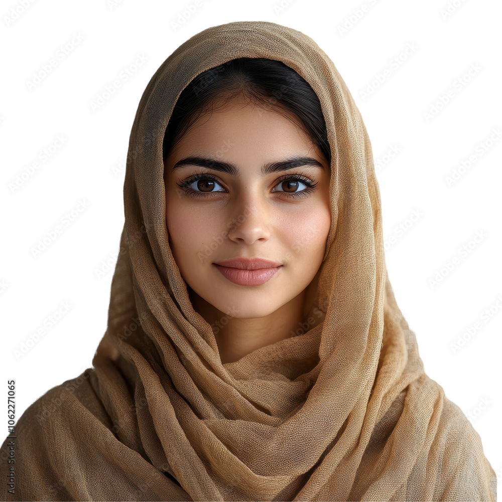 Young Woman in Earthy Hijab, Calm Expression, Direct Gaze, Serene Aura, Soft Lighting, Simple Background Isolated on white background or PNG Young Woman in Earthy Hijab, Calm Expression, Direct Gaze, Serene Aura, Soft Lighting, Simple Background Isolated on white background or PNG